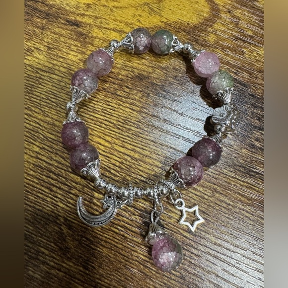 Silver and Purple Beaded Charm Bracelet - Picture 1 of 3